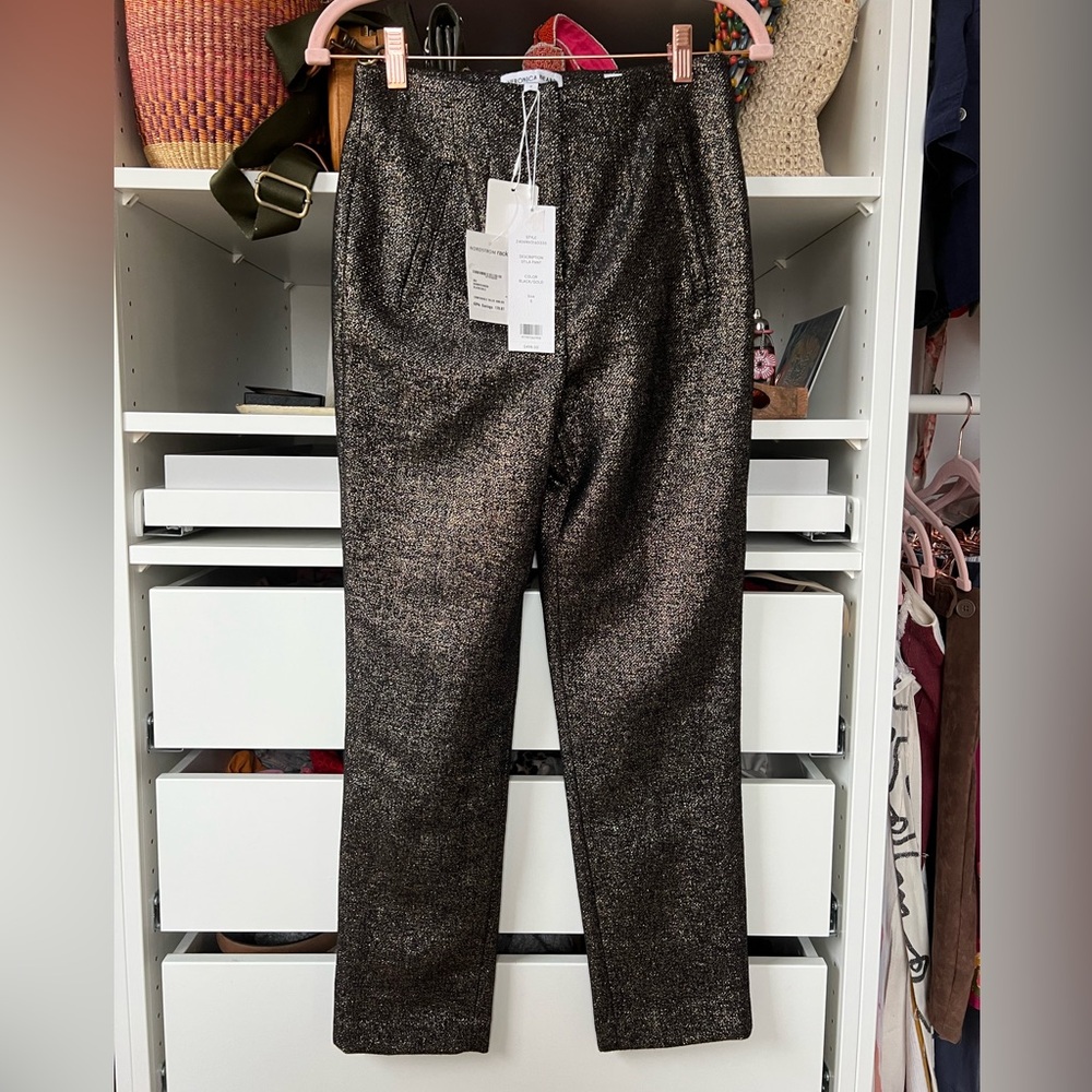Veronica Beard Stila Metallic Pants NEW Black Gold Crop Straight Leg Trousers